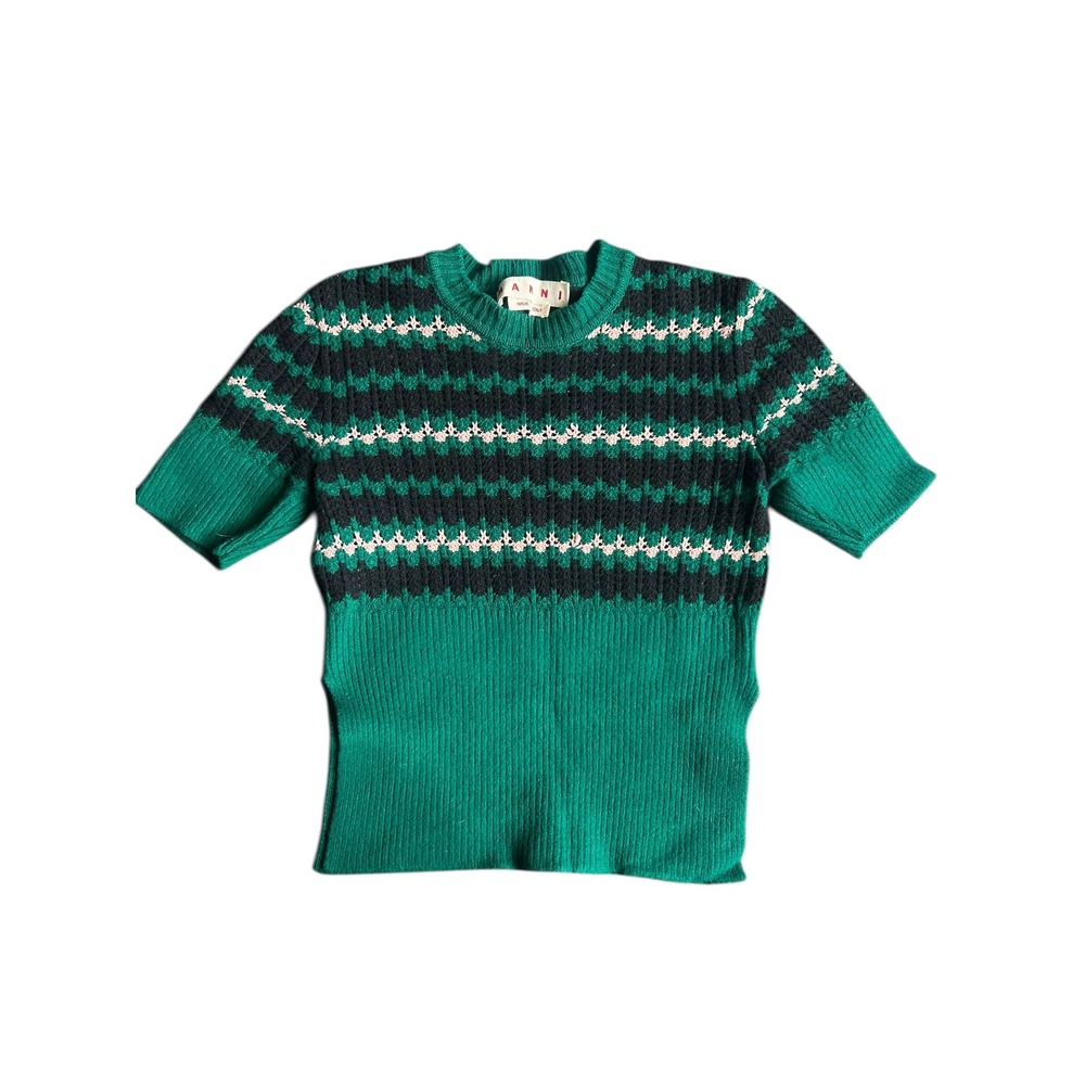 Marni‎ Green Fair Isle Ribbed Short Sleeve Knit Sweater Made in Italy Size 40